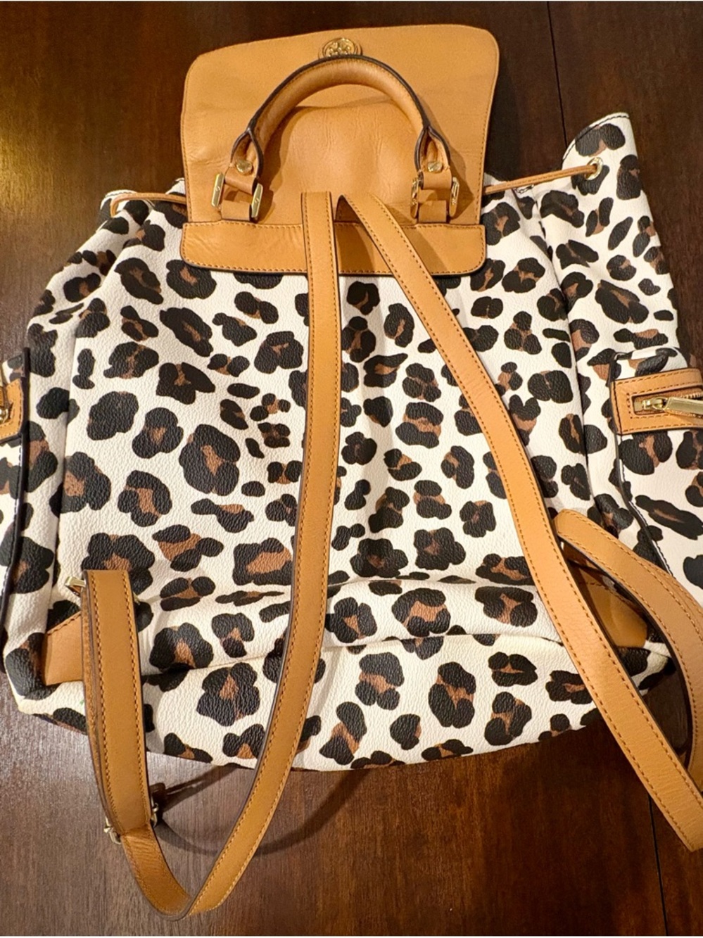 Tory Burch Leopard Print Drawstring Backpack with Tan Trim - Picture 2 of 7
